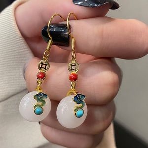 Vintage Geometric Enamel White Chalcedony Earrings.